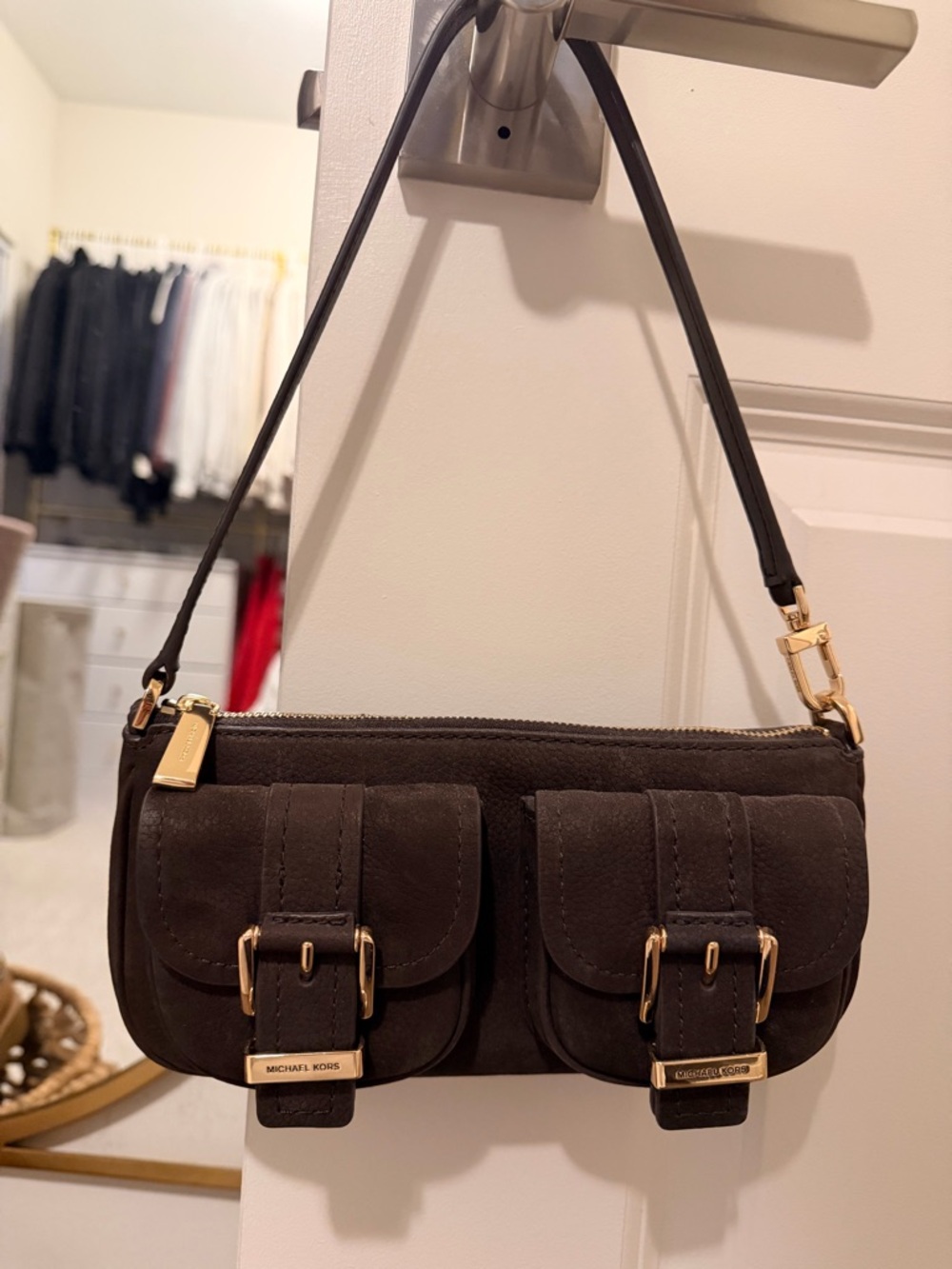 Michael Kors Dark Brown Suede Mini Shoulder Bag with Gold Hardware